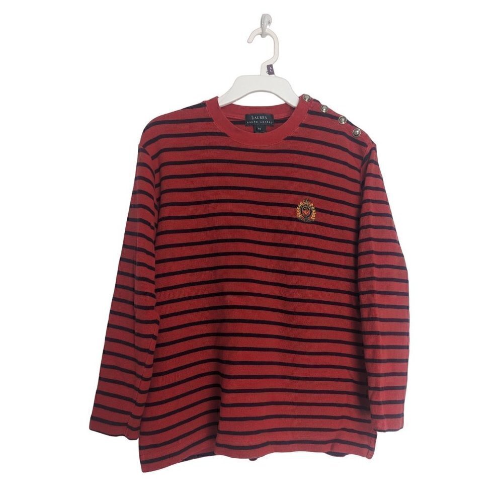 Lauren Ralph Lauren Red Striped Blue Long Sleeve Sweater Gold Crest Women's M